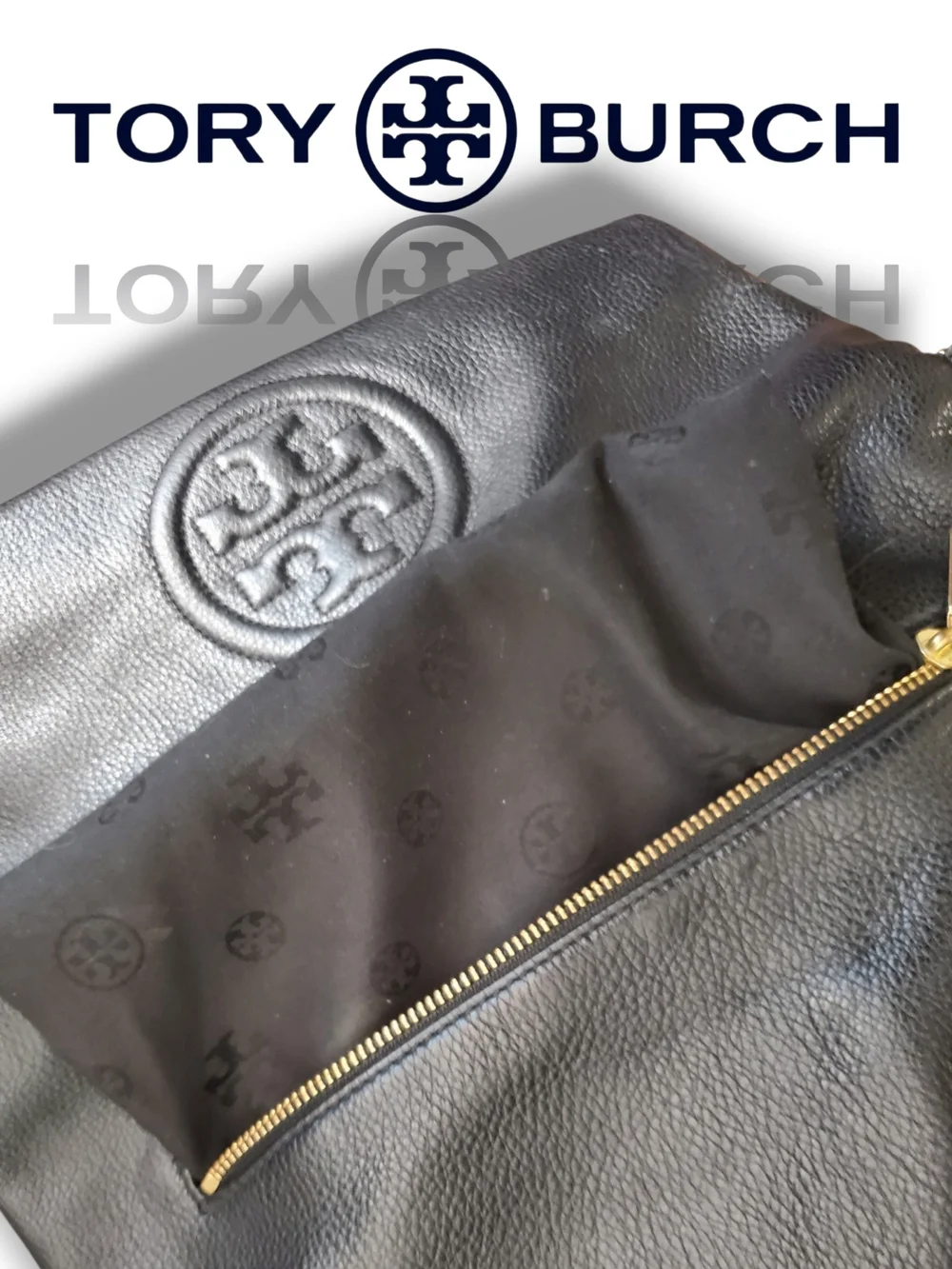 Tory Burch Black Pebbled Leather Amanda Foldover 2 Way Crossbody Messenger Bag